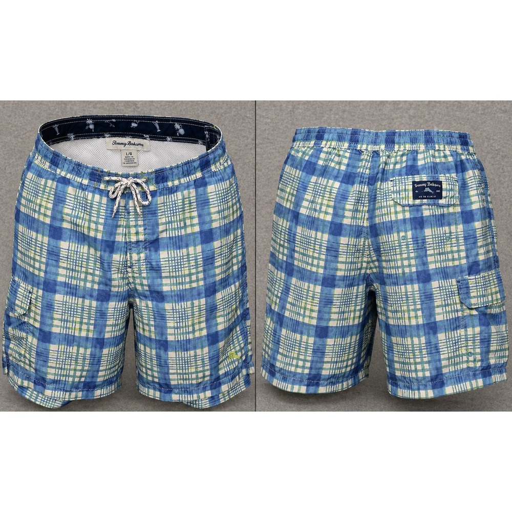 Tommy Bahama Board Shorts Men L Blue Green Plaid Mesh Lined Swim Trunks Swimwear